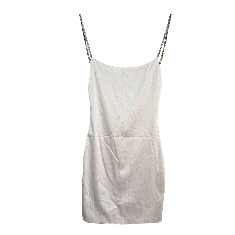 Oh Polly Champagne Satin Mini Dress Rhinestone Straps US‎ 2 UK 6 Bodycon Party